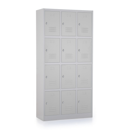Kovová šatní skříňka - 12 boxů, 90 x 40 x 185 cm, otočný zámek, šedá - ral 7035