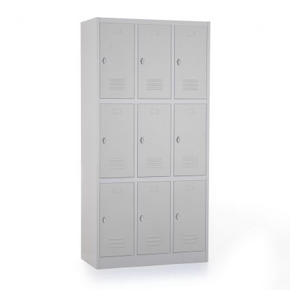 Kovová šatní skříňka - 9 boxů, 90 x 45 x 185 cm, otočný zámek, šedá - ral 7035