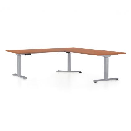 Výškově nastavitelný stůl OfficeTech Angle, 180 + 120 cm, šedá podnož, třešeň
