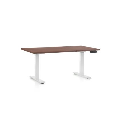 Výškově nastavitelný stůl OfficeTech D, 120 x 80 cm, bílá podnož, ořech