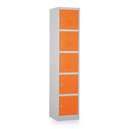 Kovová šatní skříňka - 5 boxů, 38 x 45 x 185 cm, otočný zámek, oranžová - ral 2004