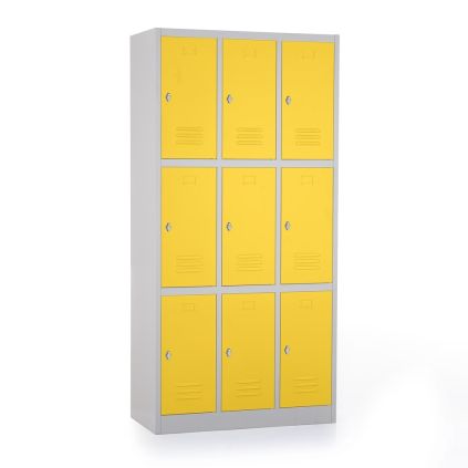 Kovová šatní skříňka - 9 boxů, 90 x 45 x 185 cm, otočný zámek, žlutá - ral 1023