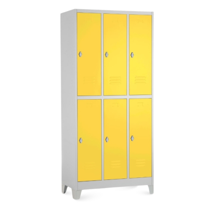 Kovová šatní skříňka - 6 boxů, 90 x 45 x 195 cm, pevné nohy, otočný zámek, žlutá - ral 1023