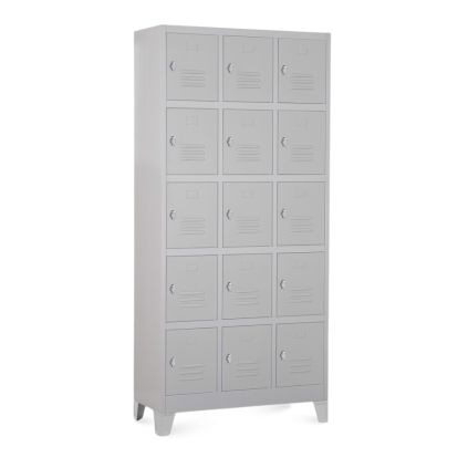 Kovová šatní skříňka - 15 boxů, 90 x 40 x 195 cm, pevné nohy, otočný zámek, světle šedá - ral 7035