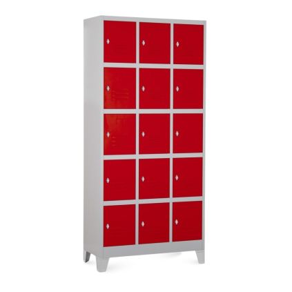 Kovová šatní skříňka - 15 boxů, 90 x 40 x 195 cm, pevné nohy, otočný zámek, červená - ral 3000