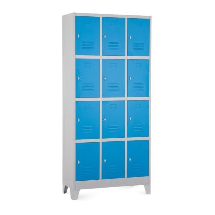 Kovová šatní skříňka - 12 boxů, 90 x 40 x 195 cm, pevné nohy, otočný zámek, modrá - ral 5012