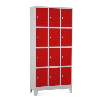 Kovová šatní skříňka - 12 boxů, 90 x 40 x 195 cm, pevné nohy, otočný zámek, červená - ral 3000