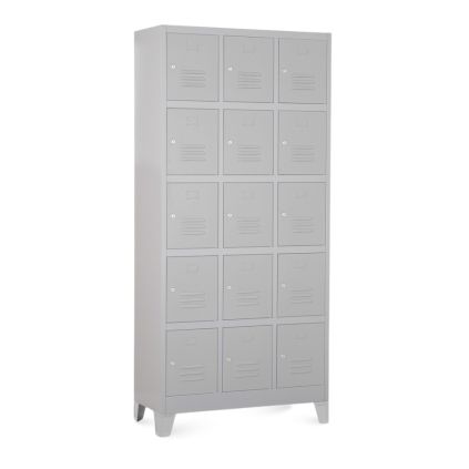Kovová šatní skříňka - 15 boxů, 90 x 40 x 195 cm, pevné nohy, cylindrický zámek, světle šedá - ral 7035