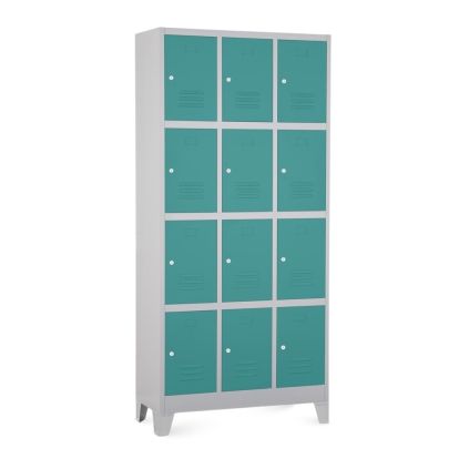 Kovová šatní skříňka - 12 boxů, 90 x 40 x 195 cm, pevné nohy, cylindrický zámek, zelená - ral 6033