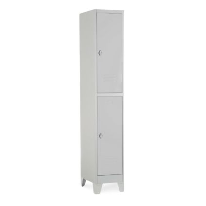 52028 kovova satni skrinka 2 boxy 38 x 45 x 195 cm pevne nohy otocny zamek svetle seda ral 7035