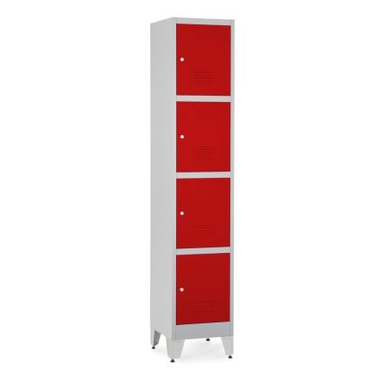 Kovová šatní skříňka - 4 boxy, 38 x 45 x 196,5 cm, nastavitelné nožky, cylindrický zámek, červená - ral 3000