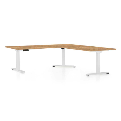 Výškově nastavitelný stůl OfficeTech Angle, 180 x 200 cm, bílá podnož, dub zlatý