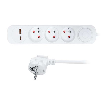 Prodlužovací kabel 3Z + USB A + USB C - 2m, vypínač, 3x1,0, bílá
